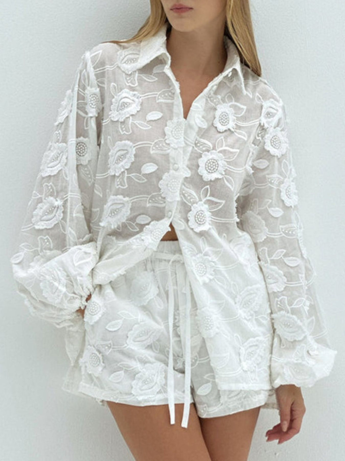 White floral embroidered shirt and shorts two piece set front view
