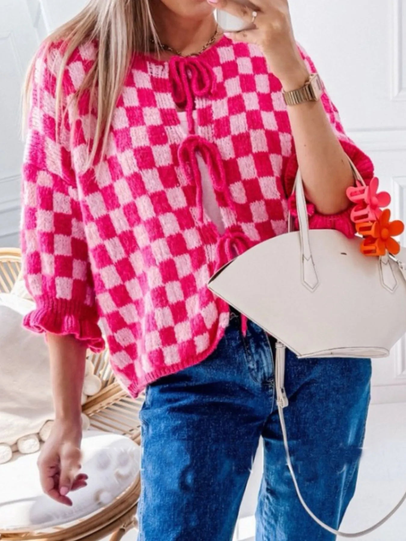 Checkered Tie-Front Knit Cardigan - Fashorio