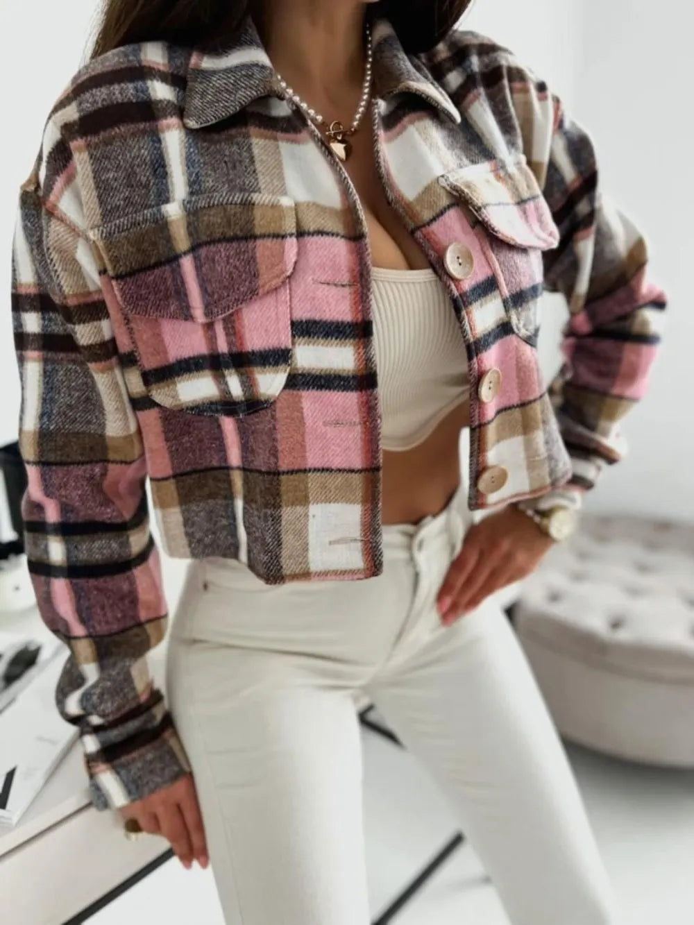 Plaid Collared Pocket Jacket in Pink detail
