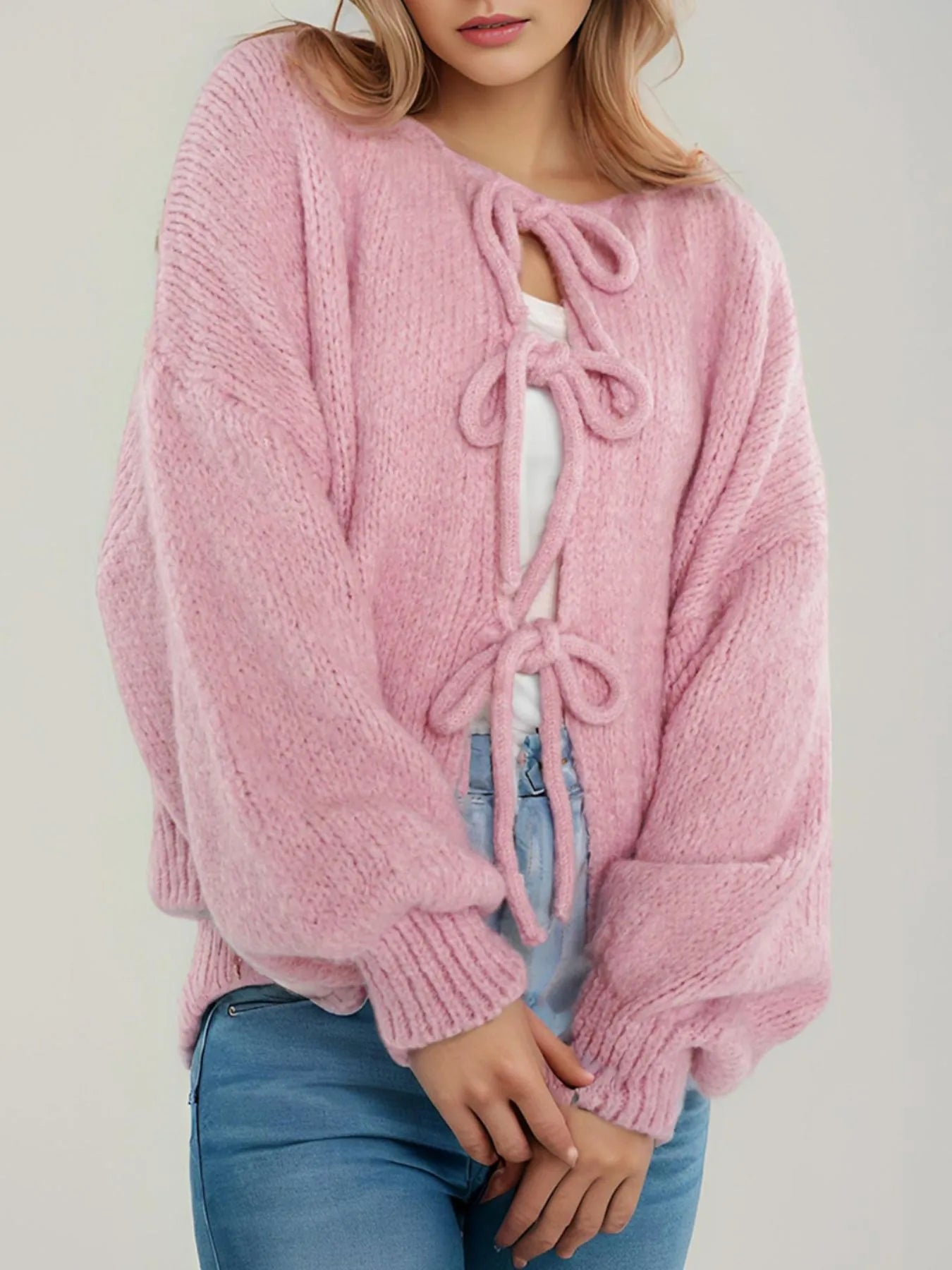 Cozy Bow-Tie Front Knit Cardigan Pink - Fashorio