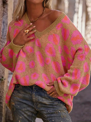 Leopard Oversized V-Neck Sweater Strawberry - Fashorio