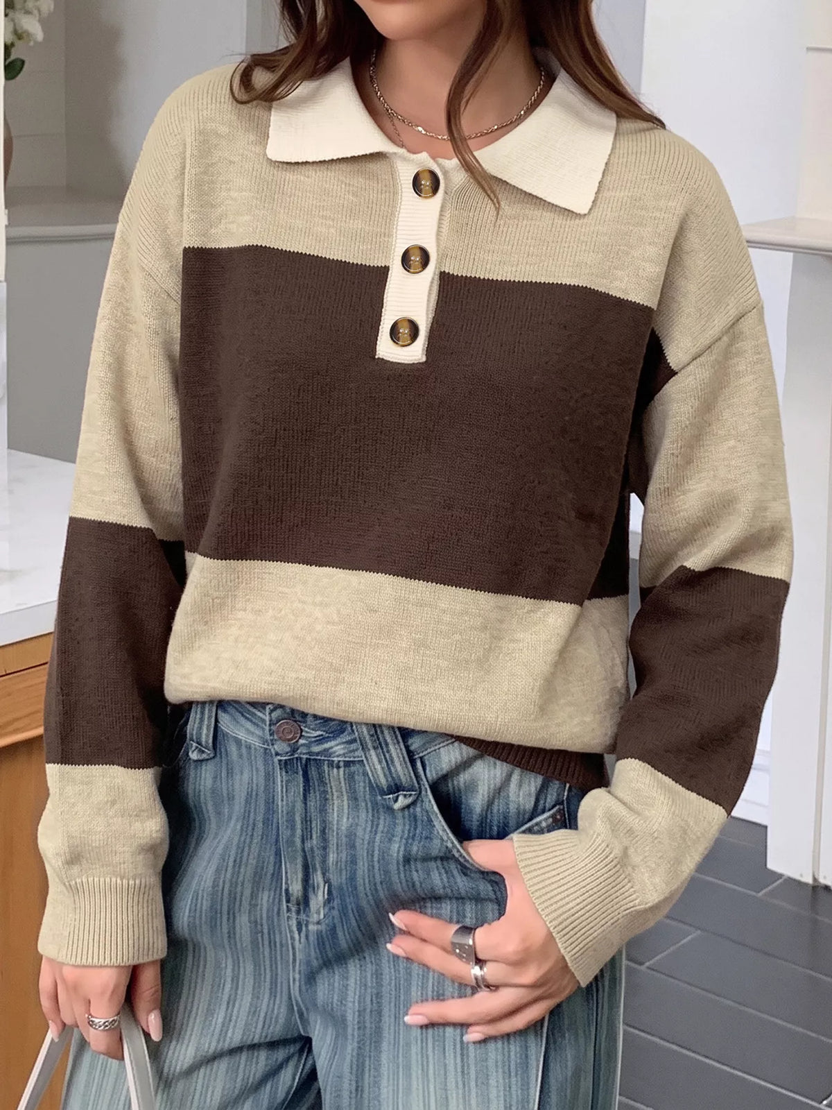 Color Block Polo Collar Sweater detail