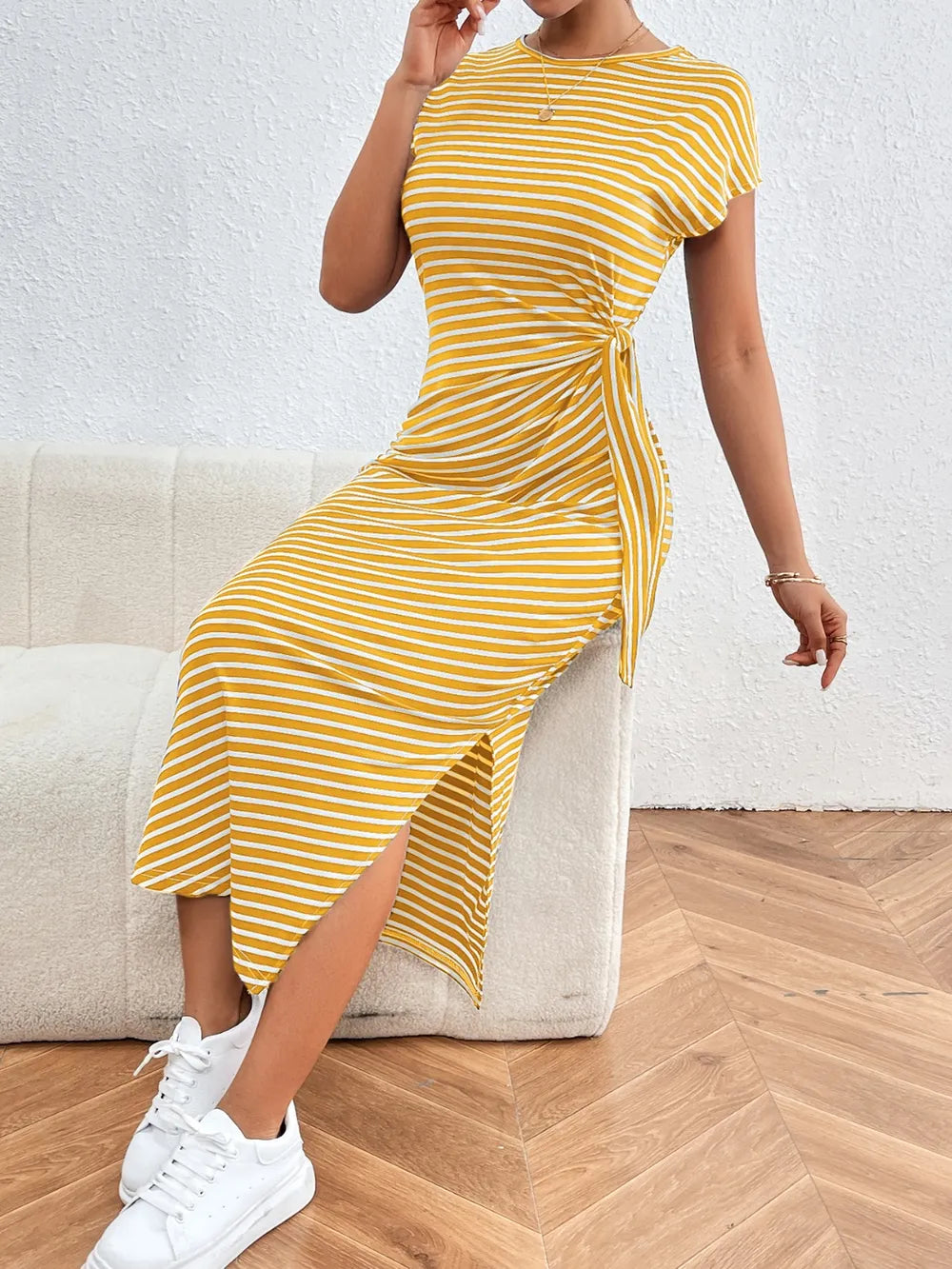 striped round neck short sleeve tee dress sleeve detail