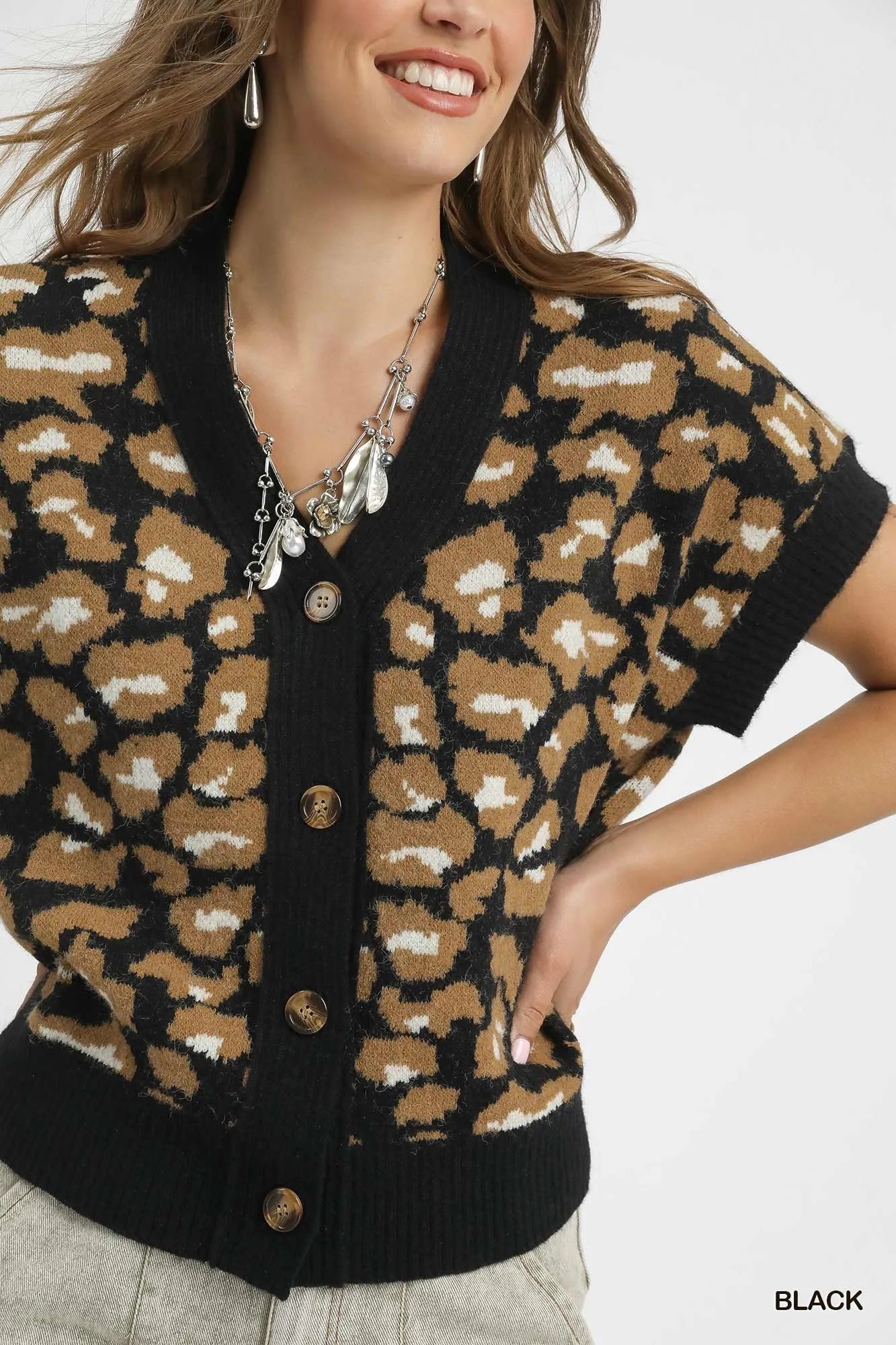 Umgee Leopard Button Down Short Sleeve Cardigan - Fashorio