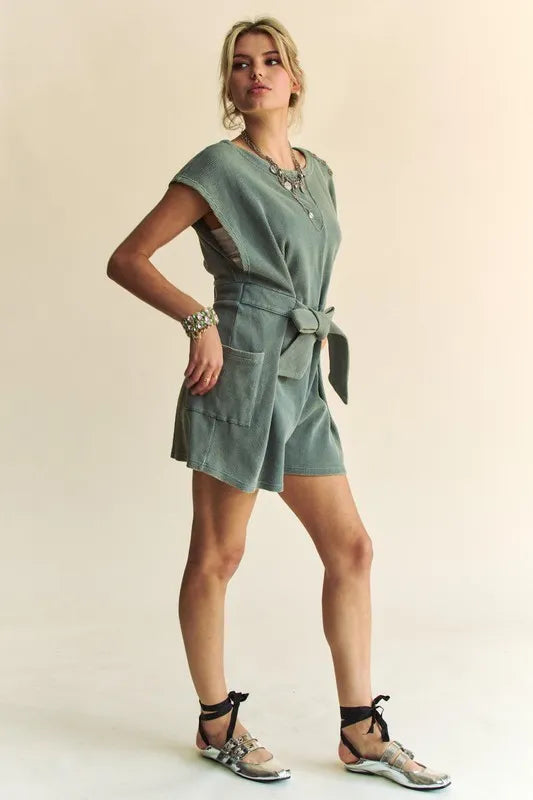 Acid Washed Waffle Knit Cuffed Sleeves Romper close up