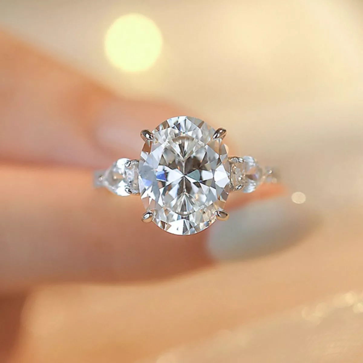 Close up of the oval cut moissanite stone