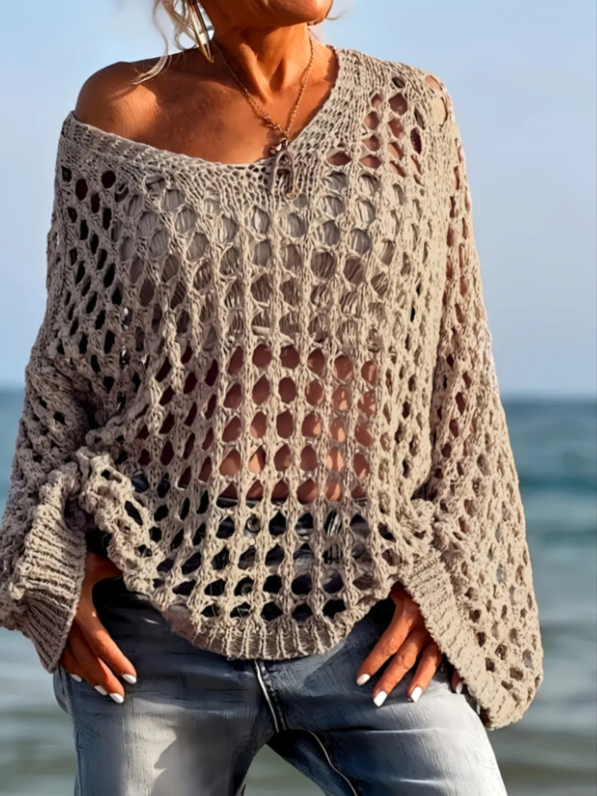 Crochet long sleeve knit cover up, full length styling