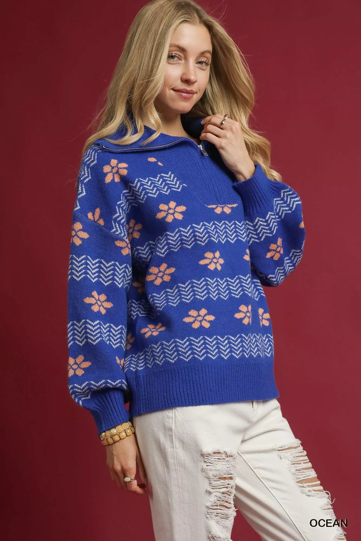Floral Jacquard Quarter Zip Pullover in Ocean Blue side view