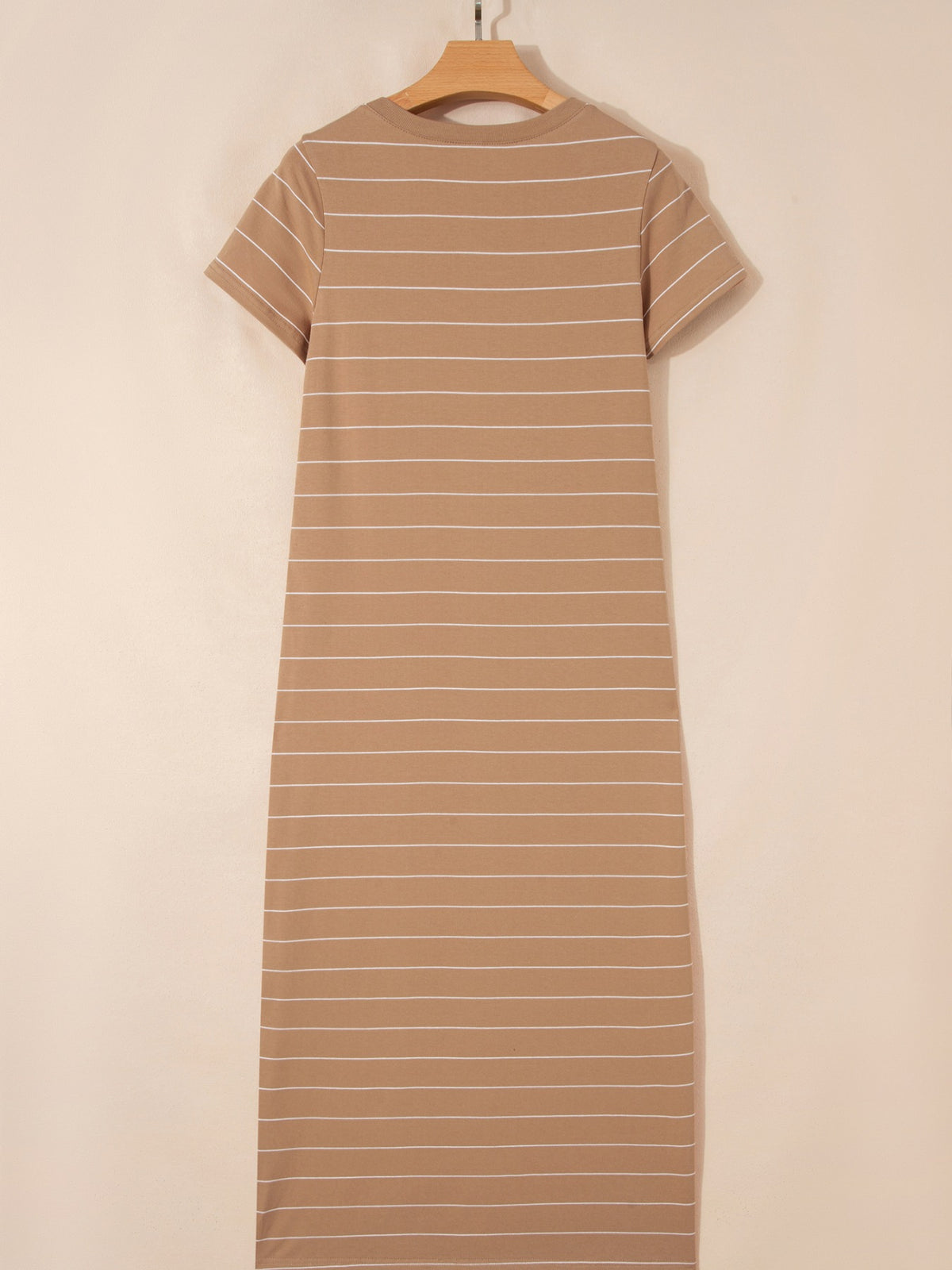 Mocha striped side slit maxi t shirt dress styled look