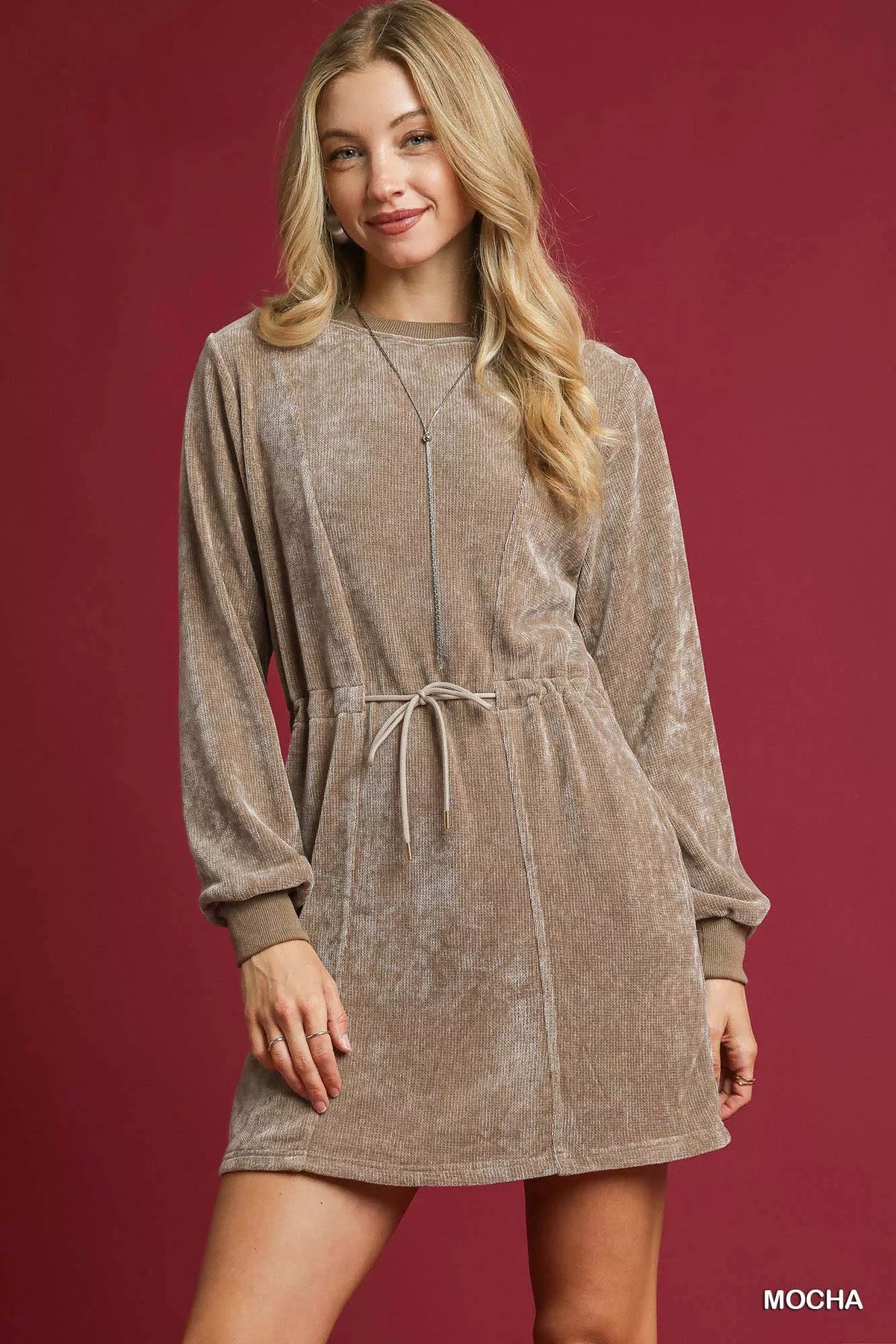 Velour Drawstring Mini Dress with Long Sleeves back view