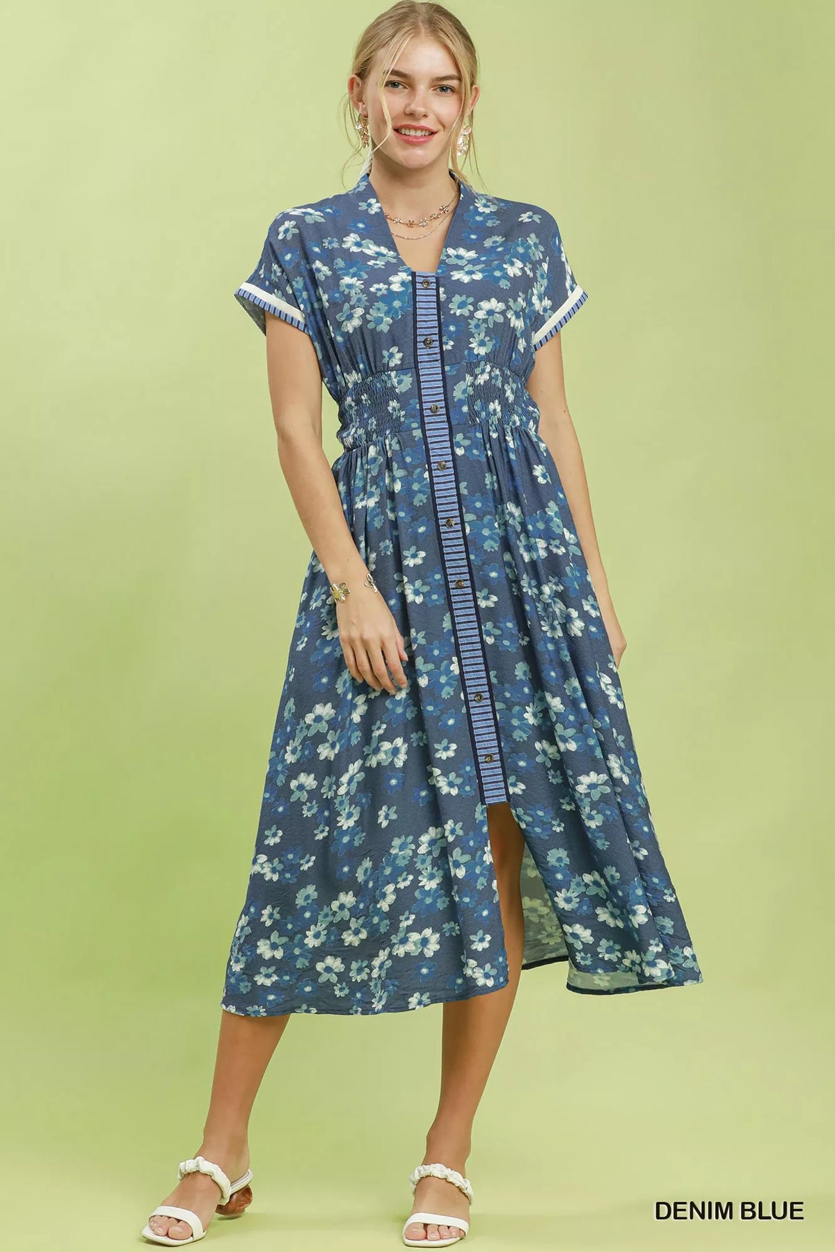 Denim blue shift dress high low hem detail