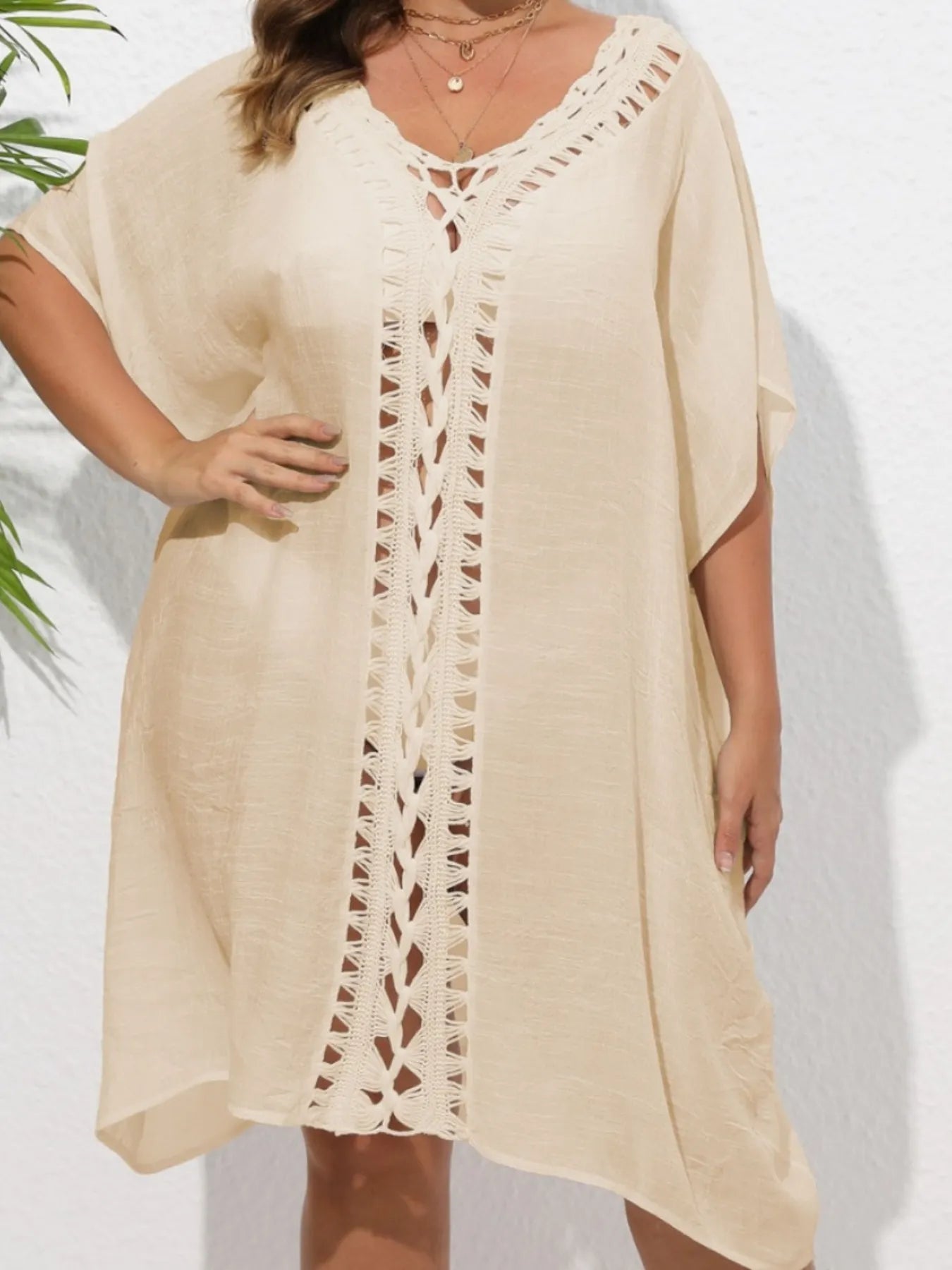 Crochet Trim V-Neck Beach Cover Up Dress - Fashorio
