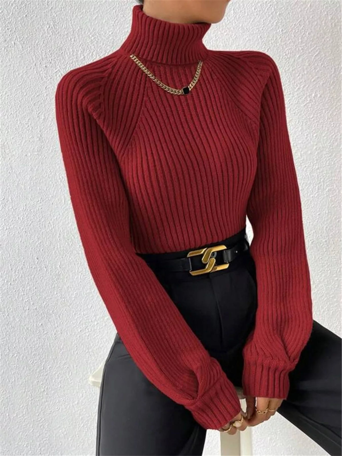 Cozy turtleneck pullover styled with jeans