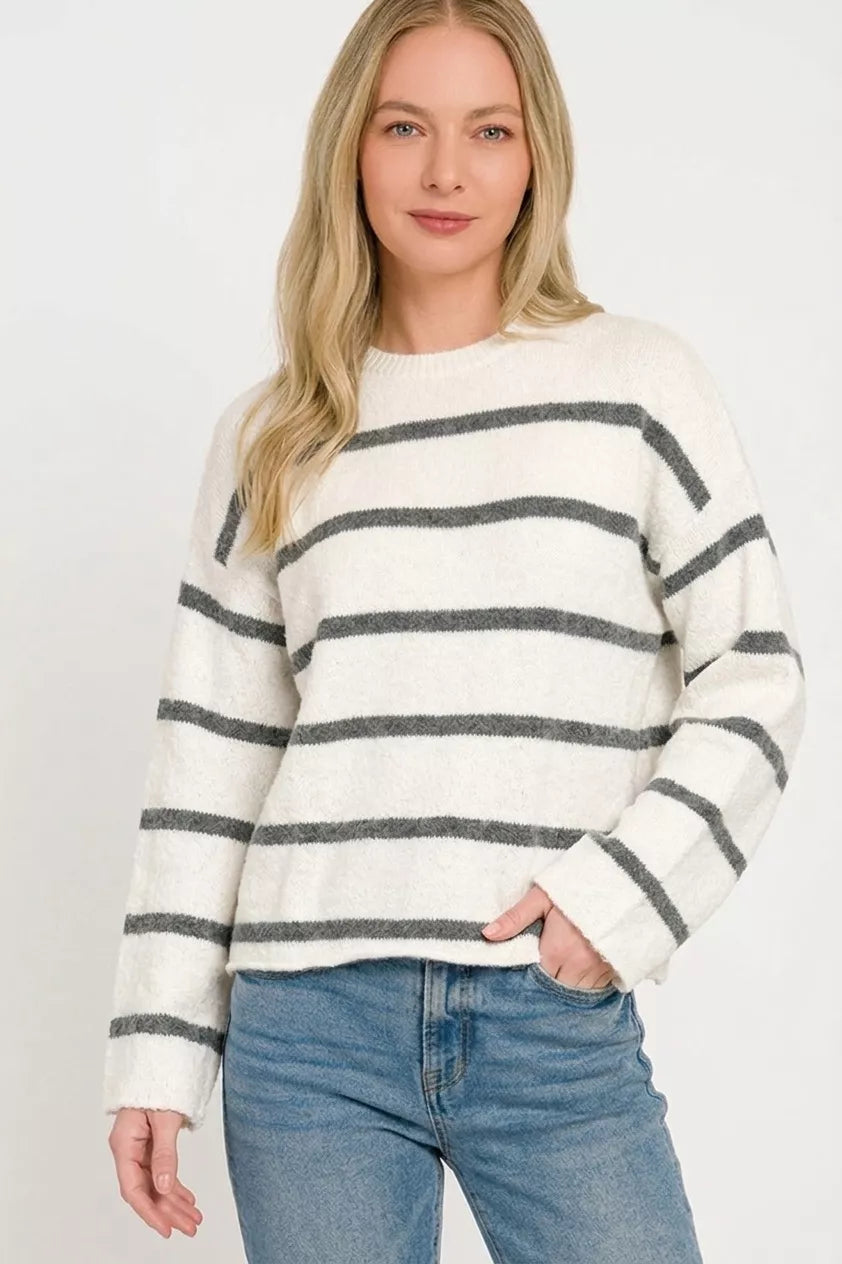 Wool blend striped long sleeve sweater side detail
