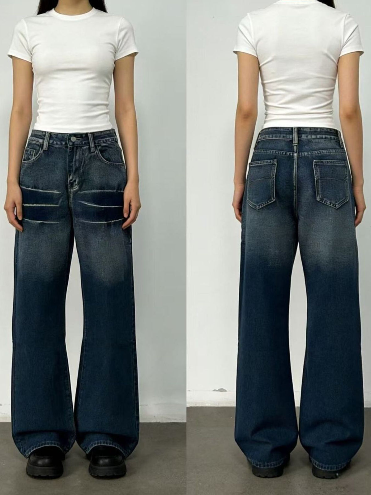 Washed wide leg jeans angled view