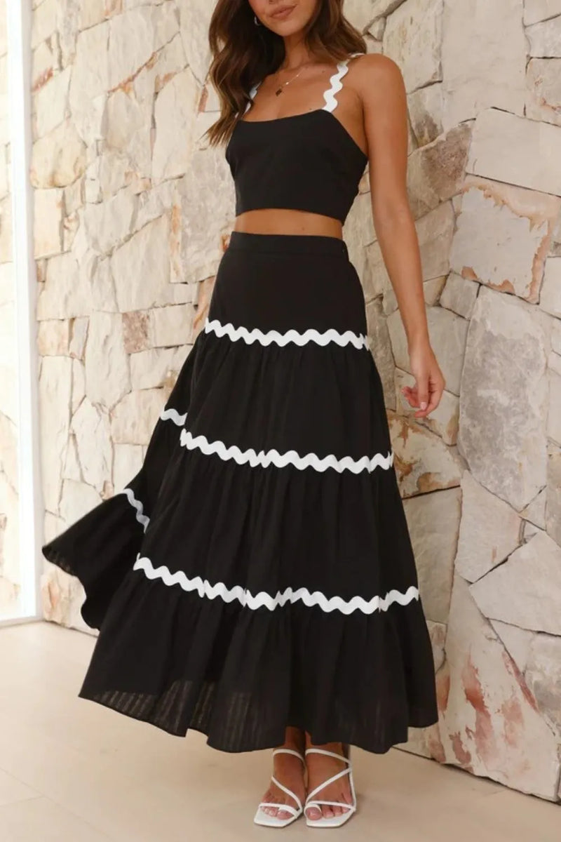 Contrast Trim Cami and Maxi Skirt Set in black front view