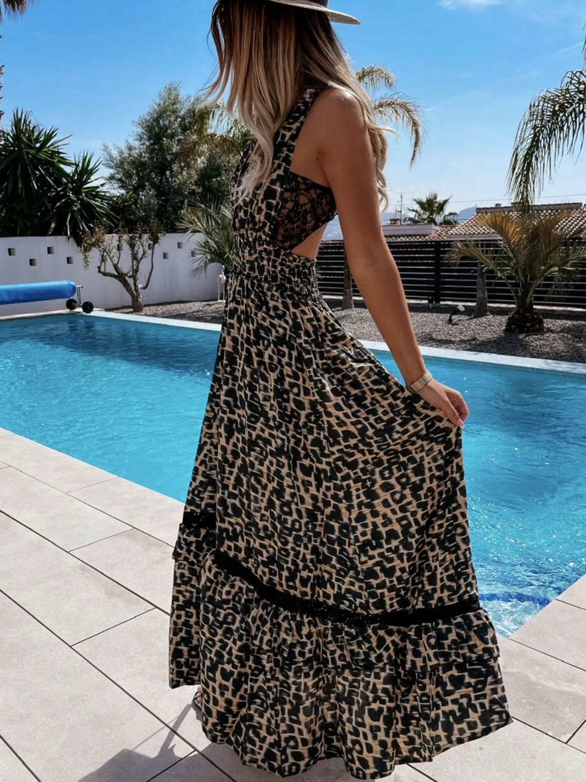 Leopard print sleeveless maxi dress full length view