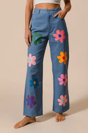 BiBi Flower Print Straight Legs Pants DENIM - Fashorio