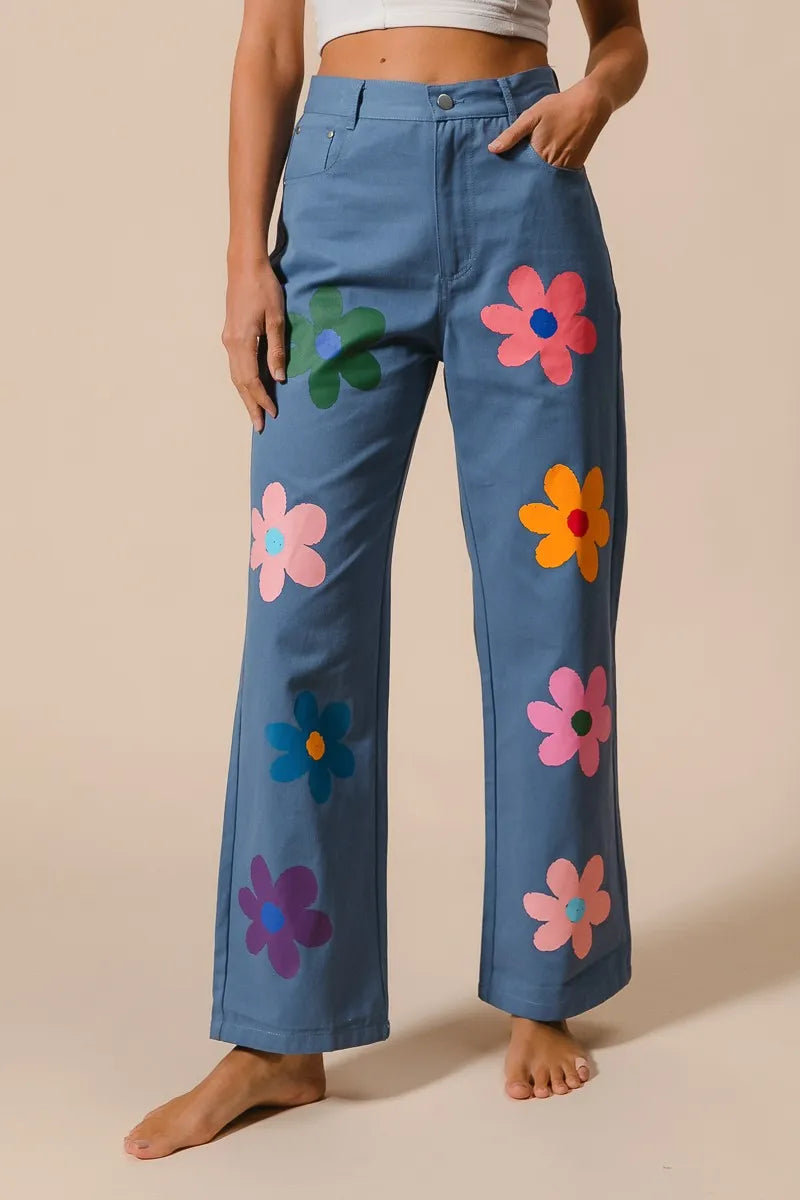 BiBi Flower Print Straight Legs Pants DENIM - Fashorio