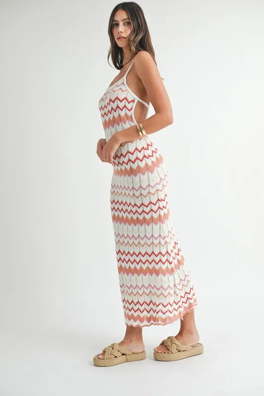 MABLE Lightweight Pointelle Chevron Knit Maxi Dress - Fashorio