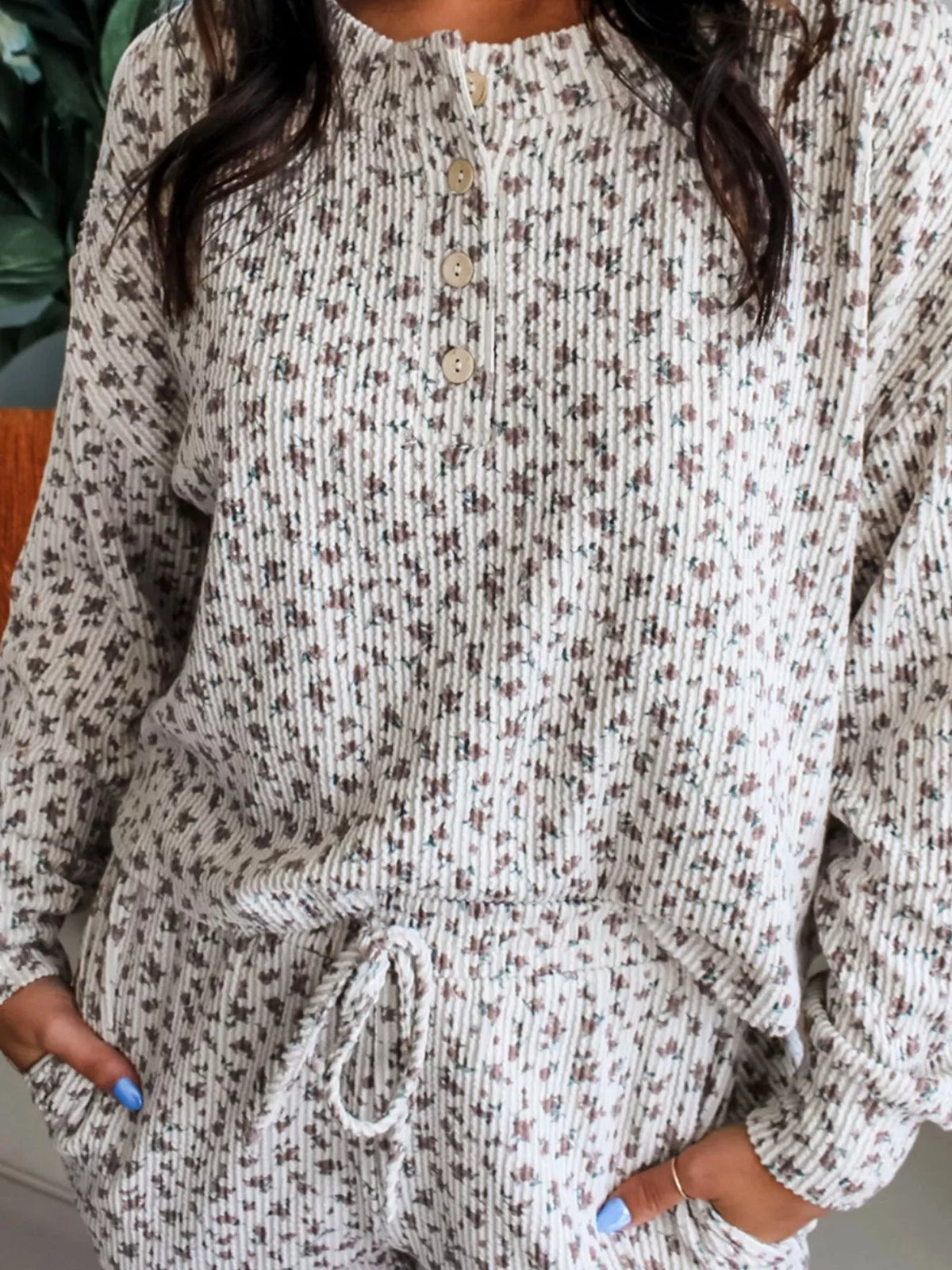 Ribbed henley top floral print detail