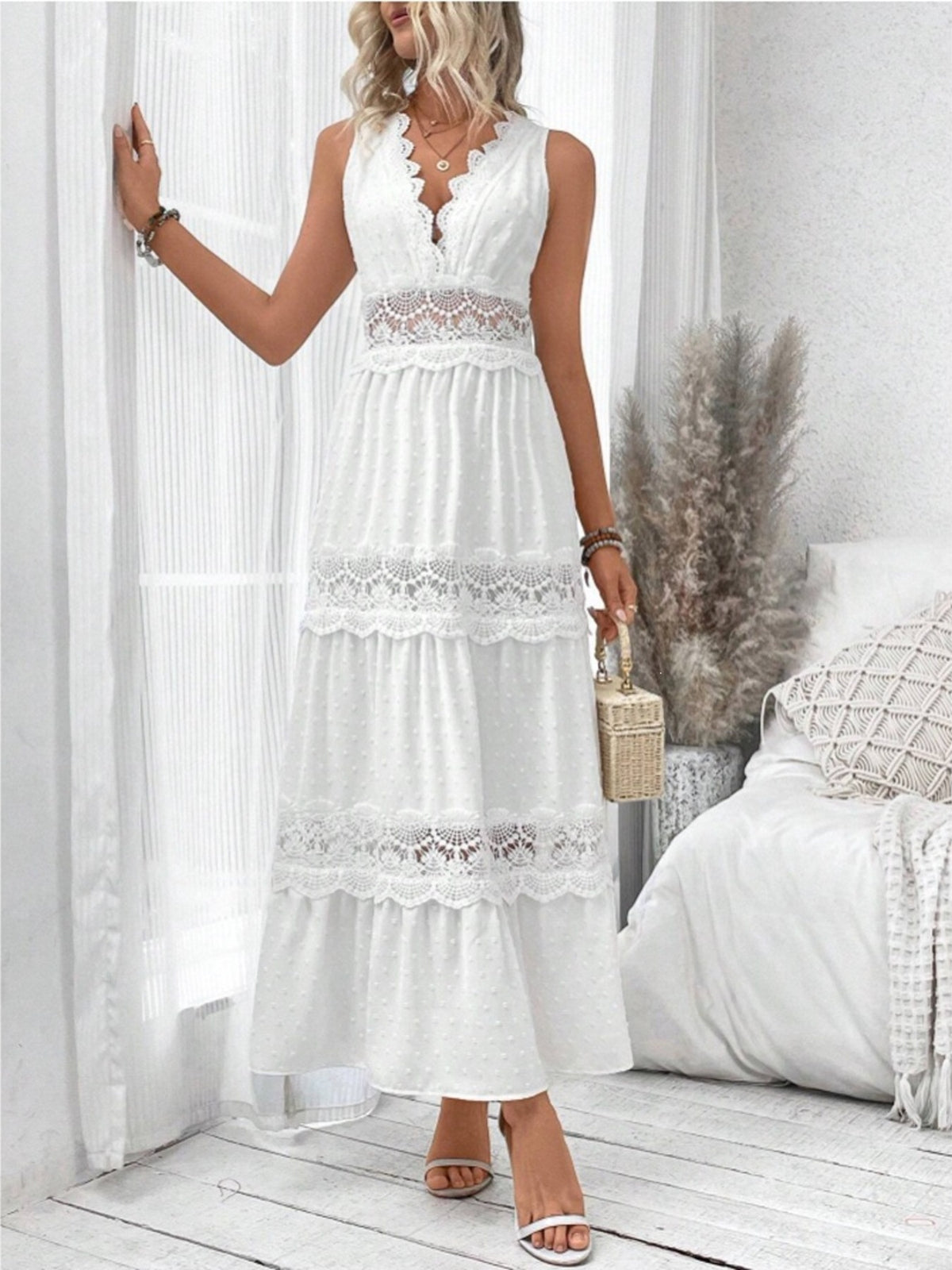 white swiss dot lace sleeveless tied maxi dress back view