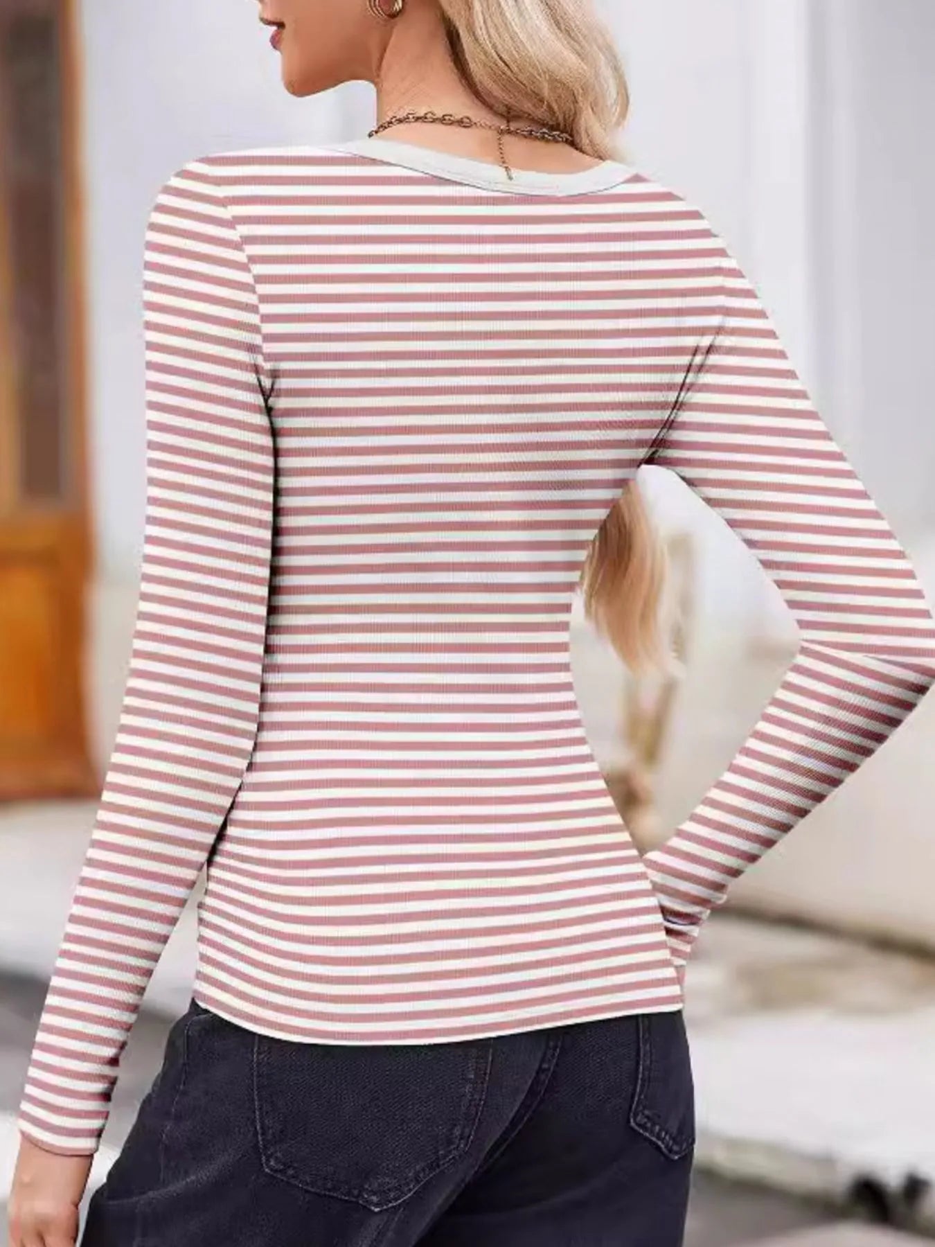 Striped Long Sleeve Scoop Neck T-Shirt - Fashorio