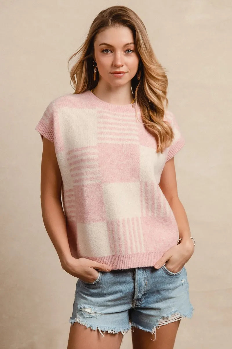 Blush Check and Stripe Sleeveless Sweater