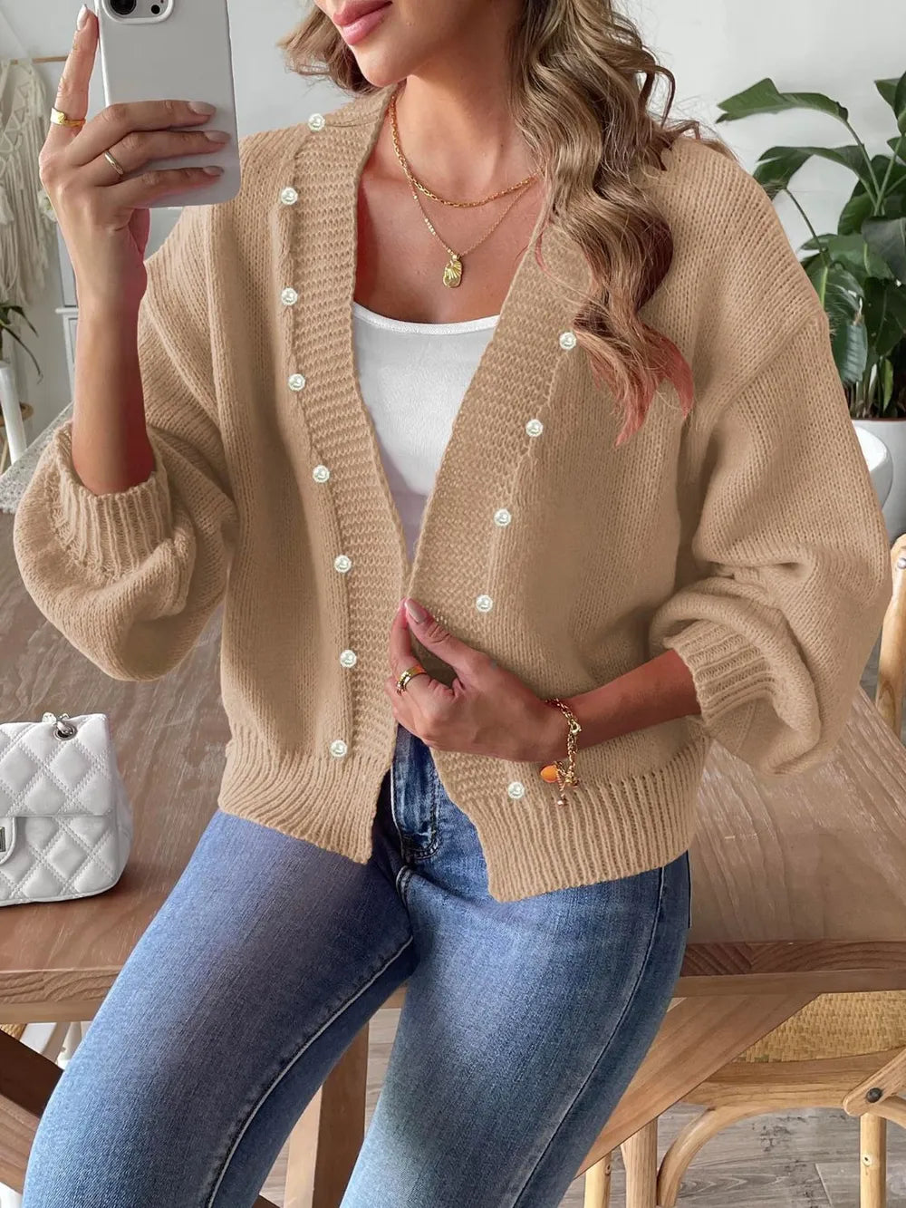 Pearl Open Front Long Sleeve Cardigan - Fashorio