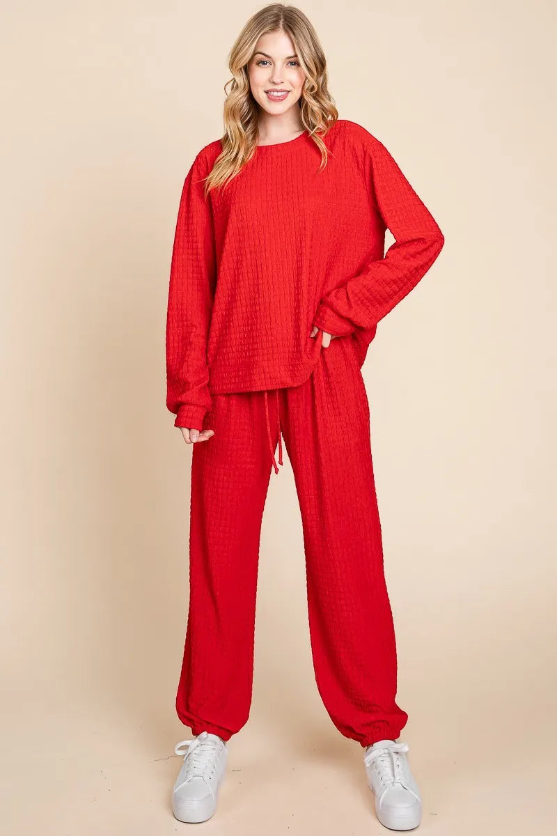 Super Lady Full Size Crinkle Check Round Neck Top and Pants Lounge Set - Fashorio