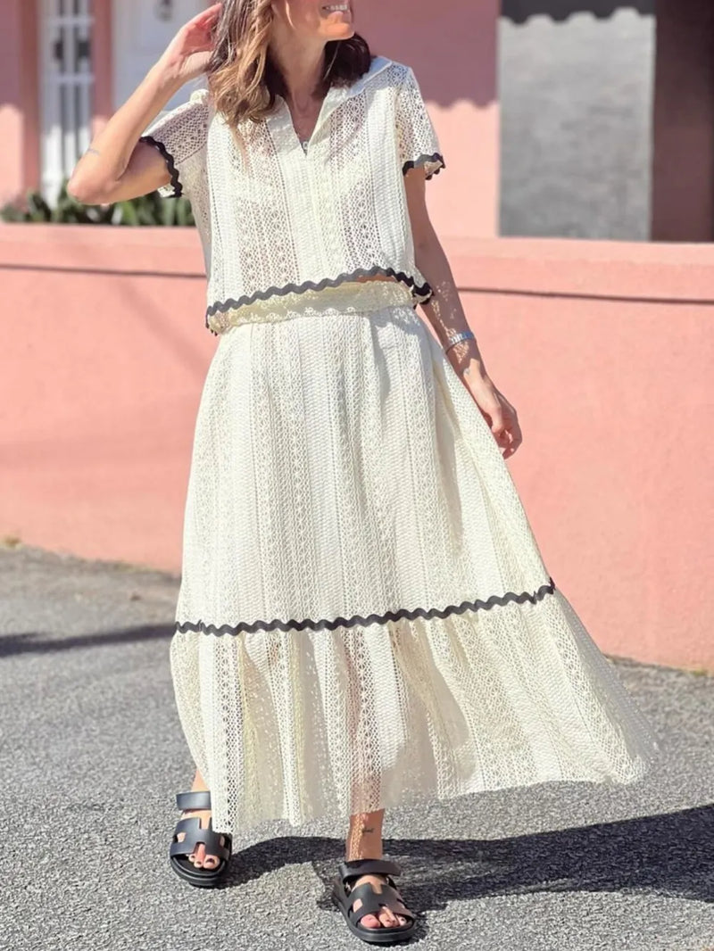 Contrast trim openwork top and skirt set cream front view