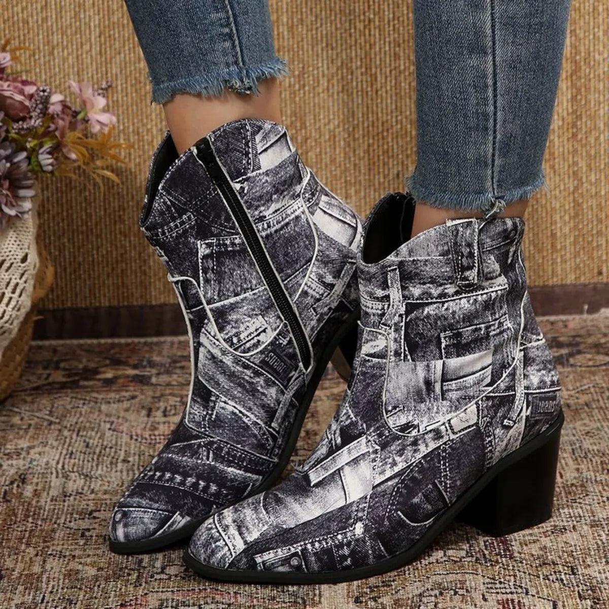 Black point toe block heel ankle boots back view