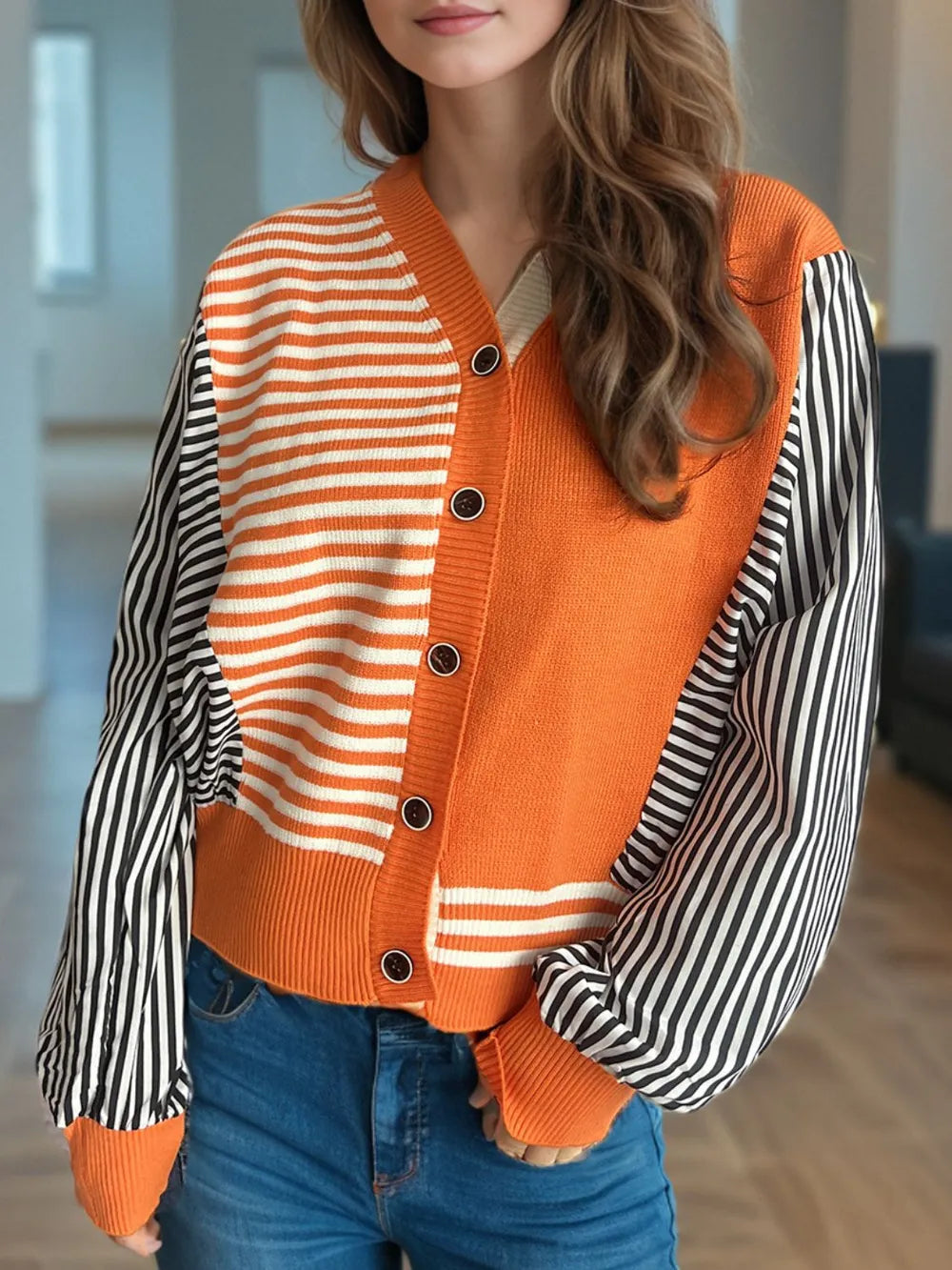 Striped Button Down Long Sleeve Cardigan - Fashorio