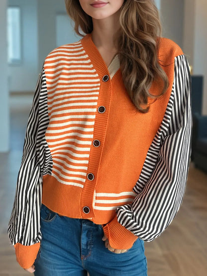 Striped Button Down Long Sleeve Cardigan - Fashorio