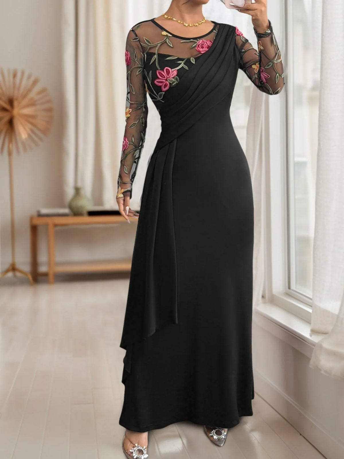 Black floral embroidered mesh sleeve ruched maxi dress side view