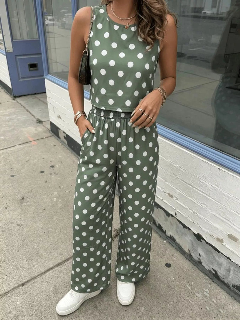 Polka dot top and wide leg pants set in matcha green