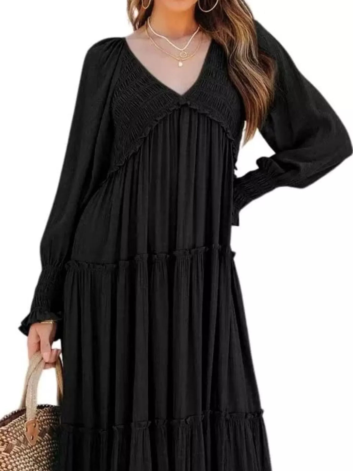 v neck long sleeve tiered maxi dress styled view 2