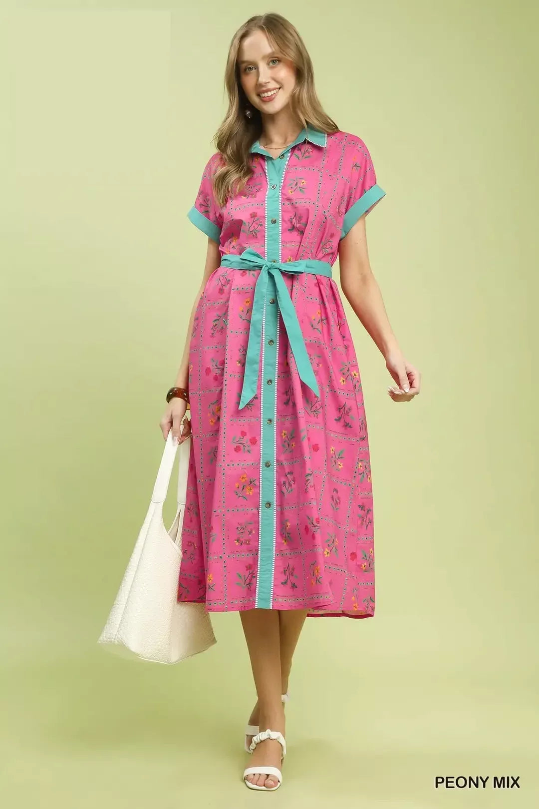 Floral Button Front Midi Dress in Peony on model