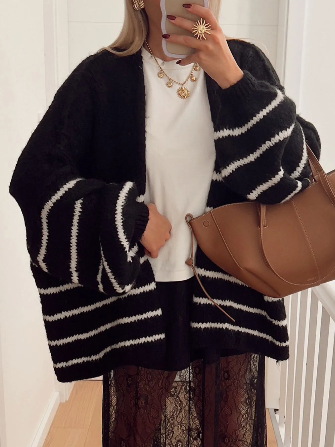 Striped Open Front Dropped Shoulder Cardigan Black - Fashorio