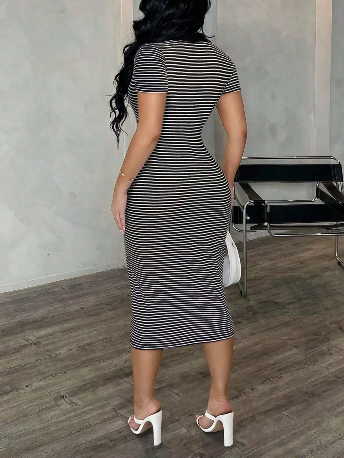 Striped polo collar midi dress side view
