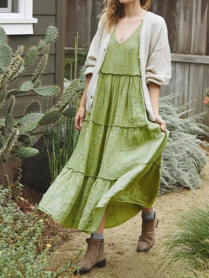 Green tiered frill v neck sleeveless dress front view