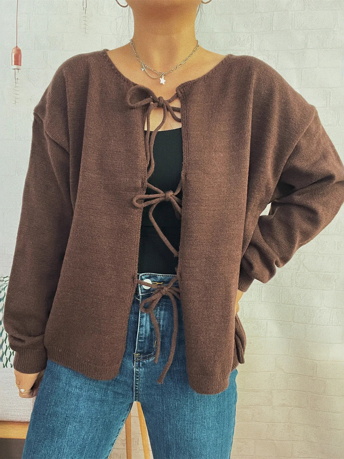 Tie front drop shoulder cardigan, sleeve detail