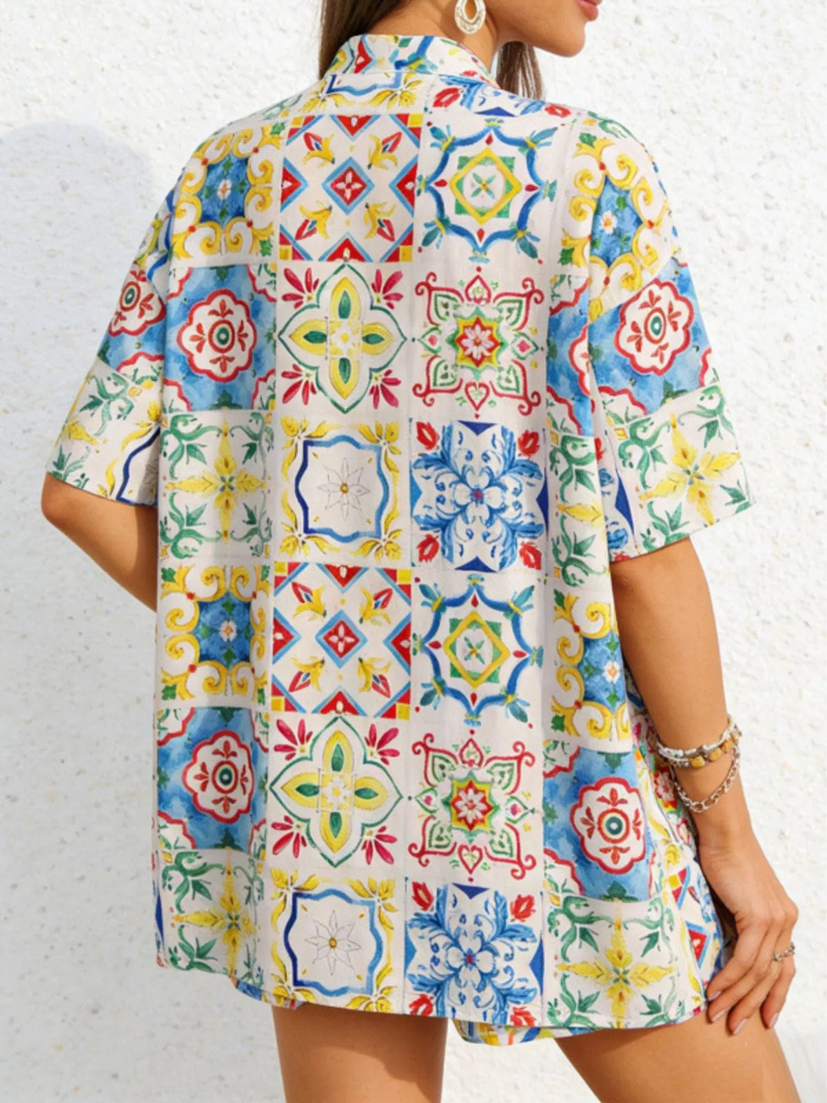Printed Button Up Shirt and Shorts Set, view 5