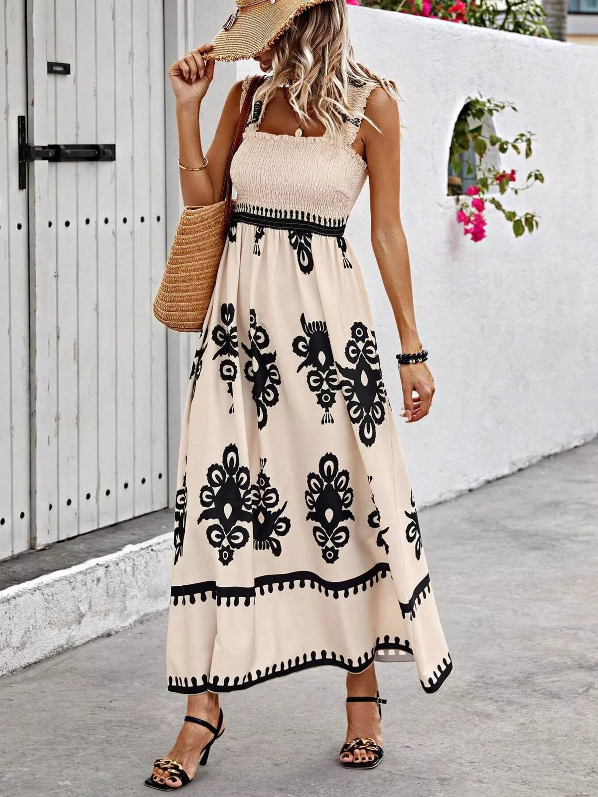 printed square neck smocked maxi dress back view