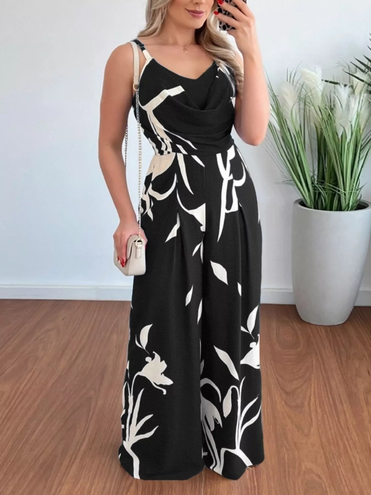 Wide leg spaghetti strap jumpsuit in solid colour full length view