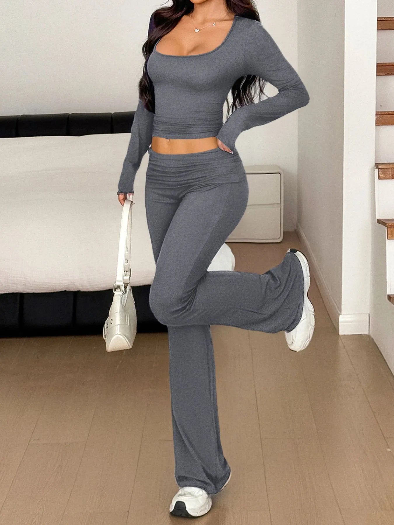 Long Sleeve Crop Top and Bootcut Pants Set Dark Gray - Fashorio