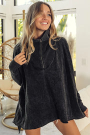 BiBi Vintage Washed Quilted Half Zip Top BLACK CHARCOAL - Fashorio