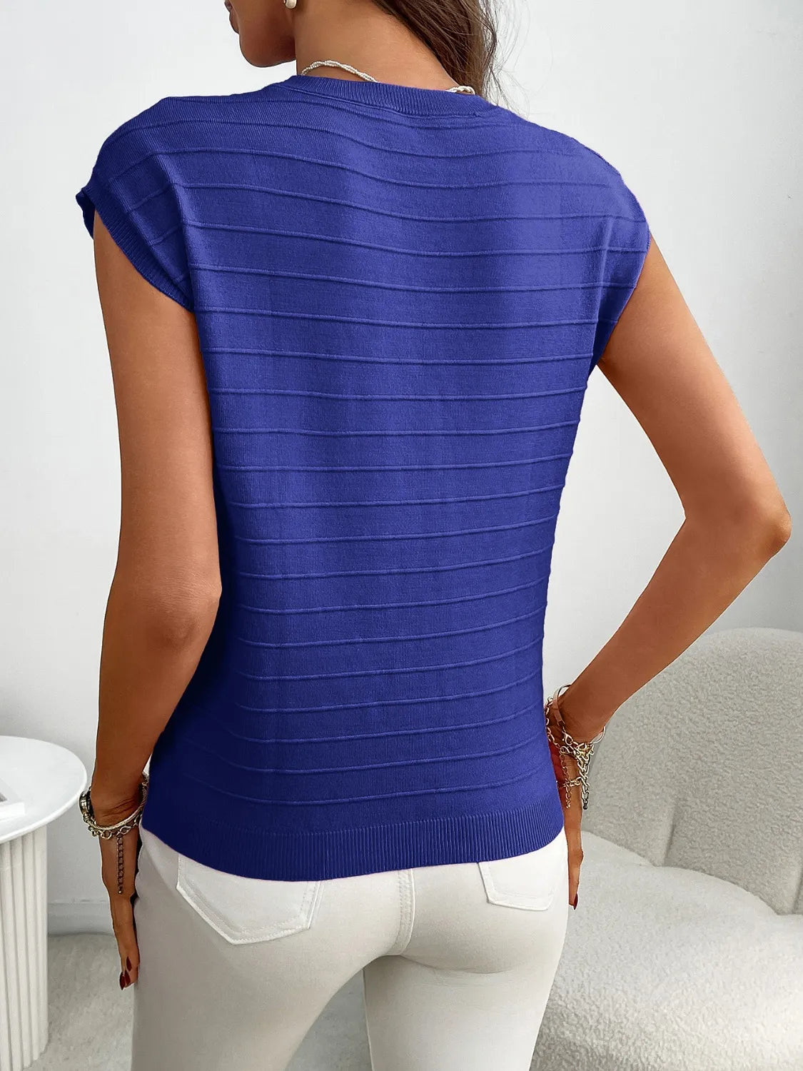 Round Neck Cap Sleeve Knit Top - Fashorio