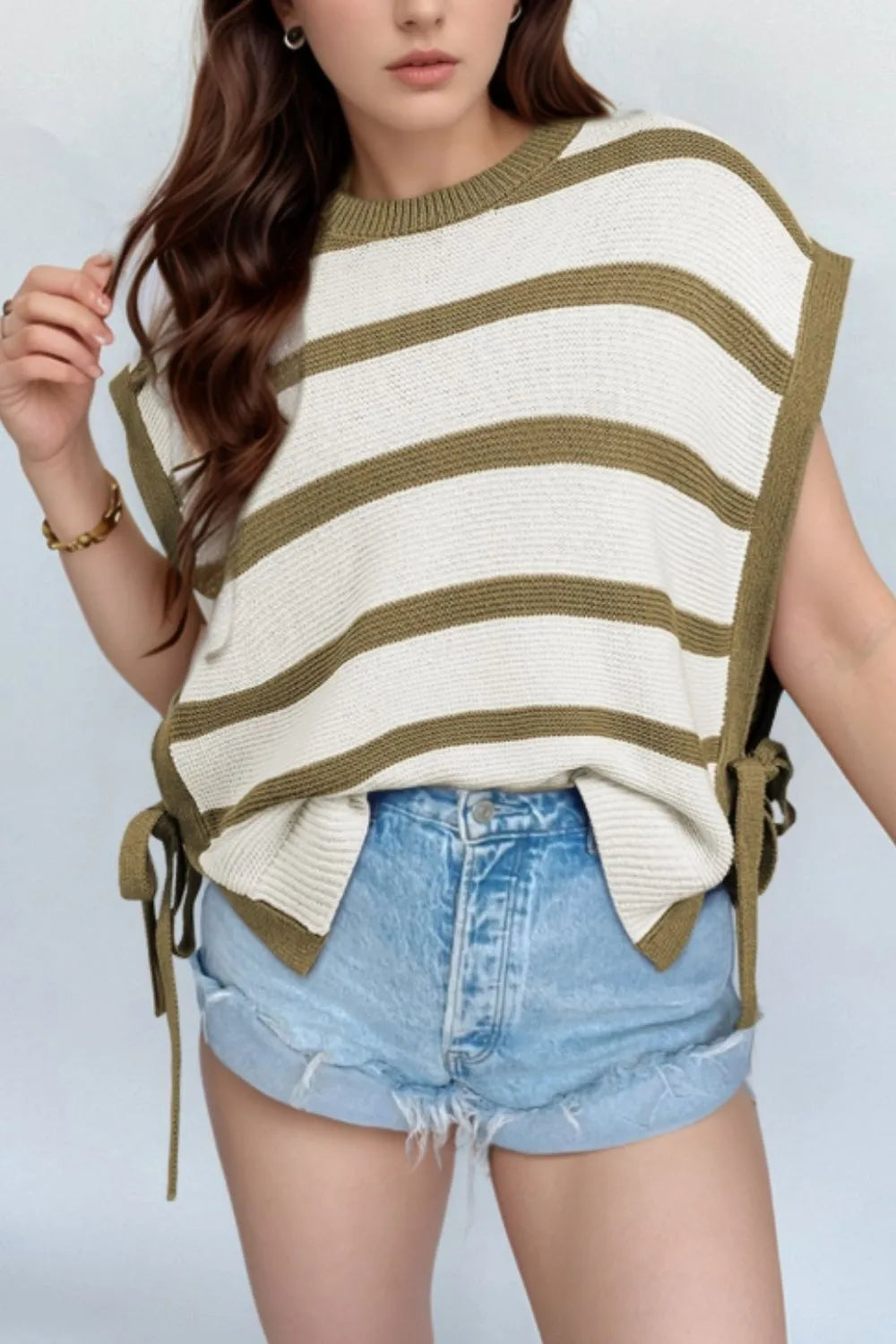 Stripe Tie Open Side Sweater Knitted Top - Fashorio