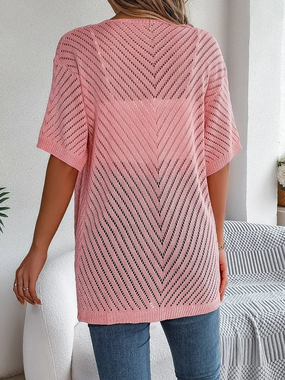 Openwork Open Front Half Sleeve Cardigan - Fashorio